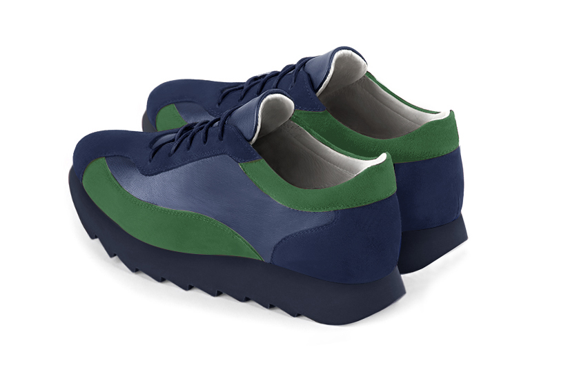 Navy blue and emerald green women's elegant sneakers. Round toe. Low rubber soles. Rear view - Florence KOOIJMAN